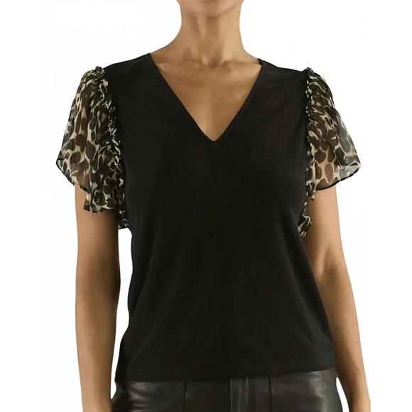 NEW RAMY BROOK lysette v-neck flutter sleeve top in black/bone foliage